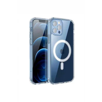 iPhone 11 Pro Max Kılıf M-safe Şarj Özellikli Şeffaf Sert PC Embos Kapak