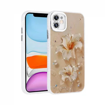 iPhone 11 Kılıf Çiçek Desenli Parlak Taşlı Sert Silikon Garden Kapak