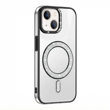 iPhone 14 Kılıf Pırlanta Taş Tasarımlı M-safe Şarj Özellikli Karetta Silikon Kapak