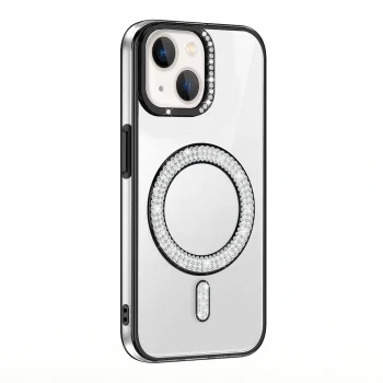 iPhone 14 Kılıf Pırlanta Taş Tasarımlı M-safe Şarj Özellikli Karetta Silikon Kapak