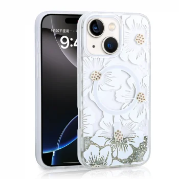 iPhone 14 Kılıf Sıvılı Simli Baskılı Şeffaf Arka Yüzey Mossa Silikon Kapak