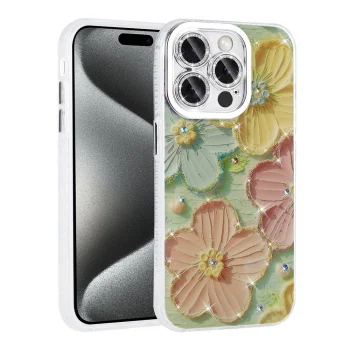 iPhone 14 Pro Max Kılıf Çiçek Desenli Parlak Taşlı Sert Silikon Garden Kapak