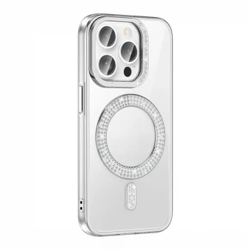 iPhone 14 Pro Max Kılıf Pırlanta Taş Tasarımlı M-safe Şarj Özellikli Karetta Silikon Kapak