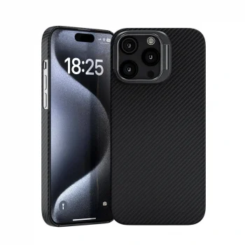 iPhone 15 Pro Kılıf M-safe Şarj Özellikli 600D Kevlar Krek Karbon Standlı Kapak