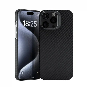 iPhone 15 Pro Kılıf M-safe Şarj Özellikli 600D Krek Karbon Standlı Kapak