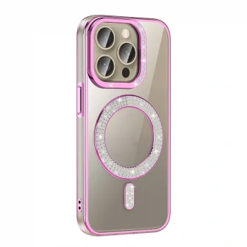 iPhone 15 Pro Kılıf Pırlanta Taş Tasarımlı M-safe Şarj Özellikli Karetta Silikon Kapak