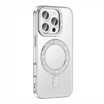 iPhone 16 Pro Kılıf Pırlanta Taş Tasarımlı M-safe Şarj Özellikli Karetta Silikon Kapak