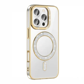 iPhone 16 Pro Max Kılıf Pırlanta Taş Tasarımlı M-safe Şarj Özellikli Karetta Silikon Kapak