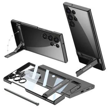 Samsung S24 Ultra Kılıf Kamera Korumalı Şeffaf Dikey Standlı Ays Kapak