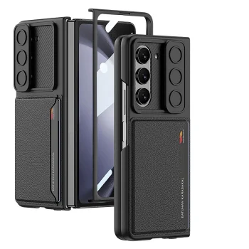 Samsung Z Fold 5 Suni Deri Arka Yüzey Sürgülü Kamera Korumalı Kartlıklı Kıpta Silikon Kapak