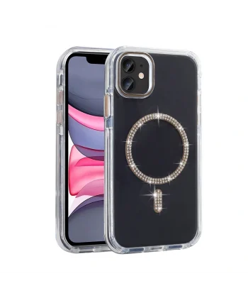 iPhone 11 Kılıf Taşlı Tasarım M-safe Şarj Özellikli Koment Silikon Kapak