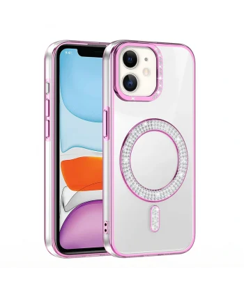 iPhone 12 Kılıf Pırlanta Taş Tasarımlı M-safe Şarj Özellikli Karetta Silikon Kapak