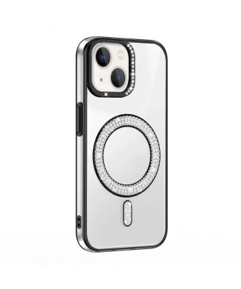 Apple iPhone 14 Kılıf Pırlanta Taş Tasarımlı M-safe Şarj Özellikli Zore Karetta Silikon Kapak