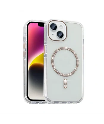 iPhone 14 Kılıf Taşlı Tasarım M-safe Şarj Özellikli Koment Silikon Kapak