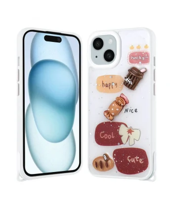 iPhone 14 Plus Kılıf Parlayan Simli Kabartma Figürlü Cevze Kapak