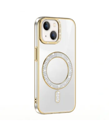 Apple iPhone 15 Kılıf Pırlanta Taş Tasarımlı M-safe Şarj Özellikli Zore Karetta Silikon Kapak