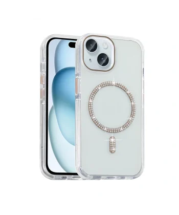 iPhone 15 Kılıf Taşlı Tasarım M-safe Şarj Özellikli Koment Silikon Kapak
