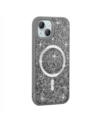 iPhone 15 Plus Kılıf Pırlanta Tasarımlı M-safe Şarj Özellikli Mozaik Silikon Kapak