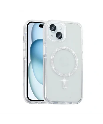 iPhone 15 Plus Kılıf Taşlı Tasarım M-safe Şarj Özellikli Koment Silikon Kapak