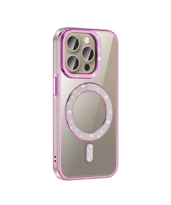 iPhone 15 Pro Kılıf Pırlanta Taş Tasarımlı M-safe Şarj Özellikli Karetta Silikon Kapak