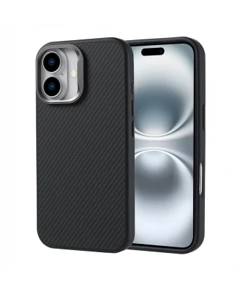 iPhone 16 Plus Kılıf M-safe Şarj Özellikli Karbon Fiber Görünümlü Troy Kapak