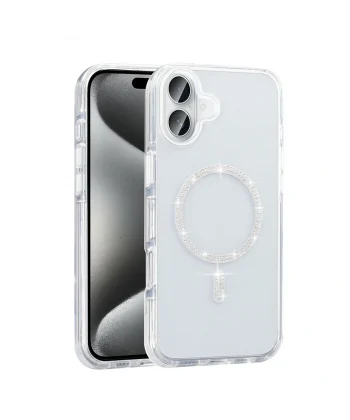 iPhone 16 Plus Kılıf Taşlı Tasarım M-safe Şarj Özellikli Koment Silikon Kapak