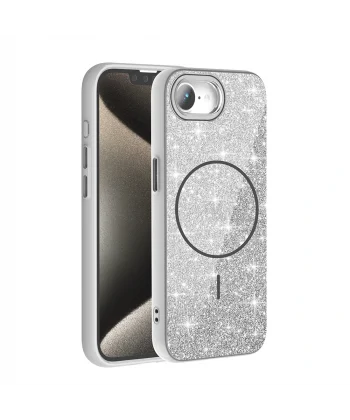 iPhone 16E Kılıf M-safe Şarj Özellikli Parlayan Simli Okso Kapak