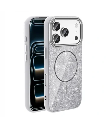 iPhone 17 Pro Kılıf M-safe Şarj Özellikli Parlayan Simli Okso Kapak