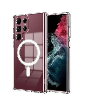 Samsung S22 Ultra Kılıf M-safe Şarj Özellikli Şeffaf Sert PC Embos Kapak