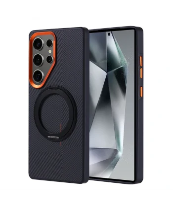 Samsung S25 Ultra Kılıf M-safe Şarj Özellikli Karbon Fiber Görünümlü Standlı Troy Kapak