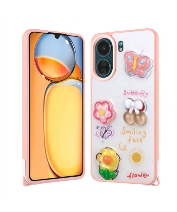 Xiaomi Poco C65 Kılıf Parlayan Simli Kabartma Figürlü Cevze Kapak