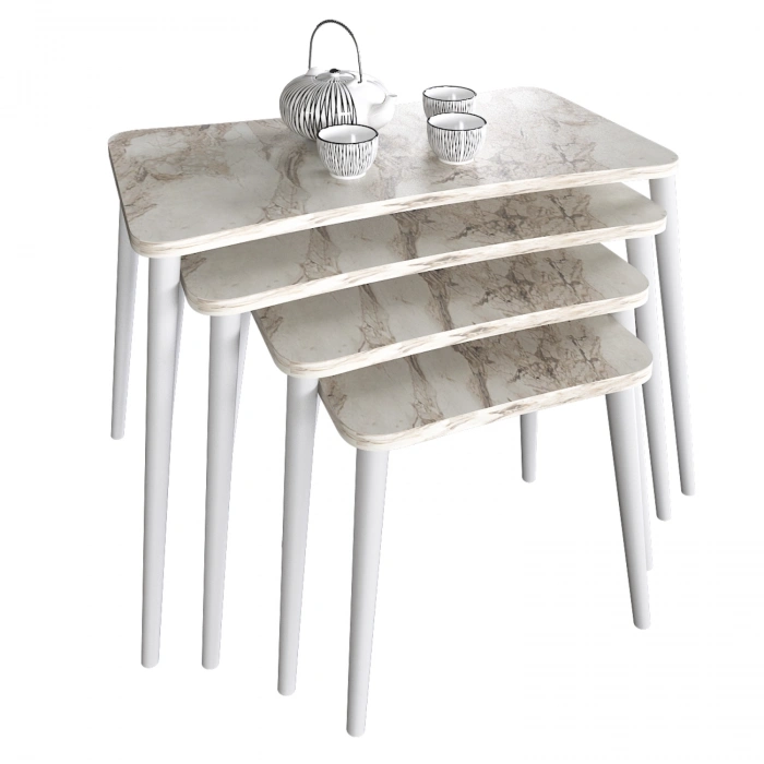 Alanur 5li Orta Sehpa ve Zigon Sehpa Ahşap Ayaklı Çay Kahve Sehpası XL Salon Seti Beyaz Mermer