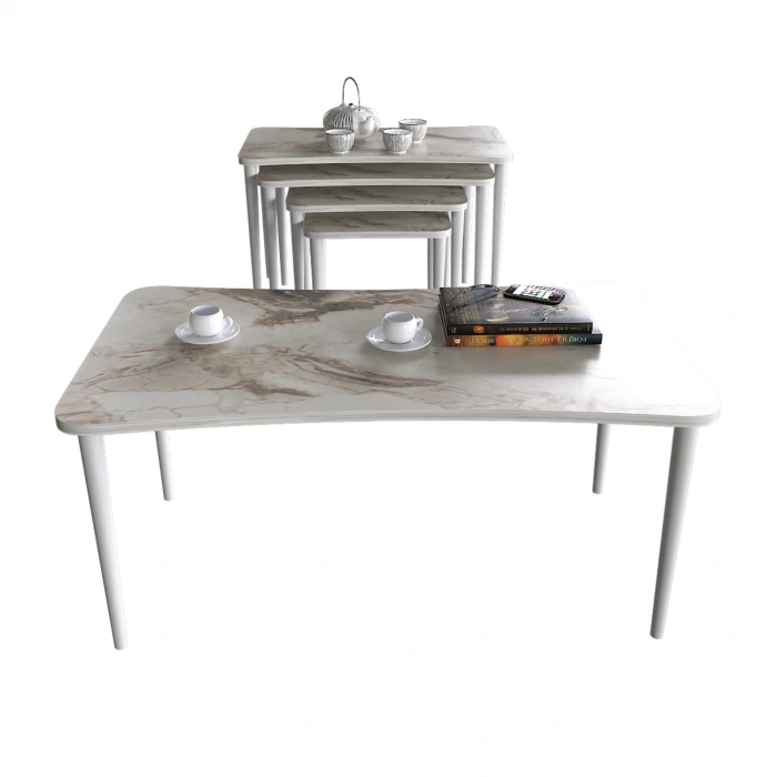 Alanur 5li Orta Sehpa ve Zigon Sehpa Ahşap Ayaklı Çay Kahve Sehpası XL Salon Seti Beyaz Mermer