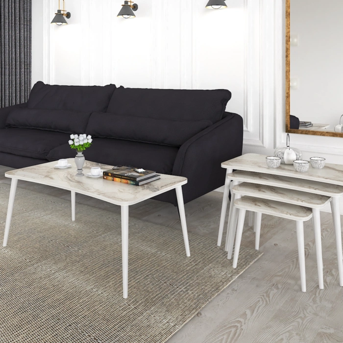 Alanur 5li Orta Sehpa ve Zigon Sehpa Ahşap Ayaklı Çay Kahve Sehpası XL Salon Seti Beyaz Mermer