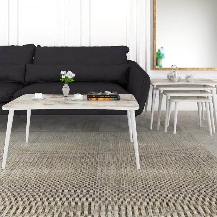 Alanur 5li Orta Sehpa ve Zigon Sehpa Ahşap Ayaklı Çay Kahve Sehpası XL Salon Seti Beyaz Mermer