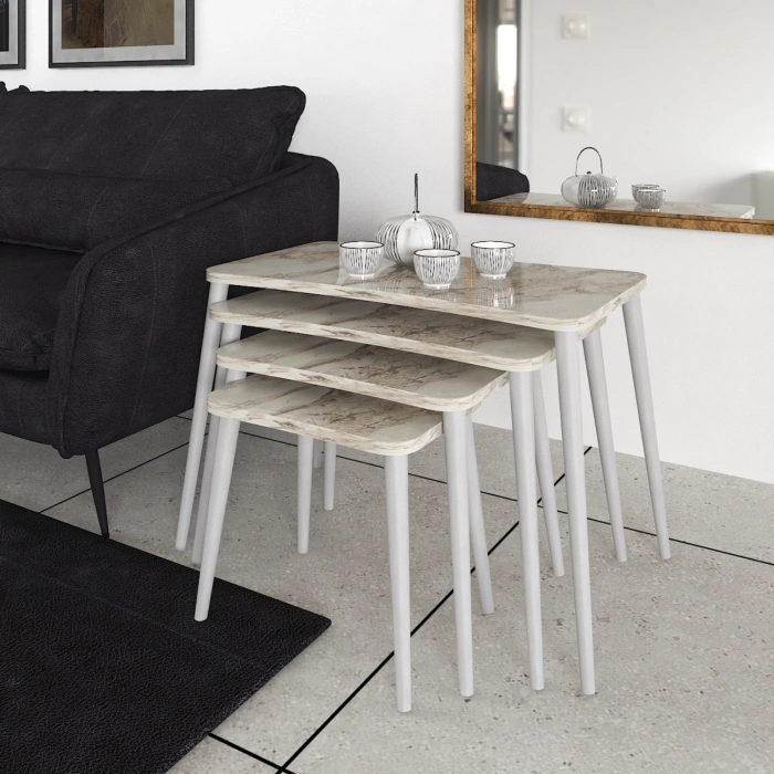 Alanur 5li Orta Sehpa ve Zigon Sehpa Ahşap Ayaklı Çay Kahve Sehpası XL Salon Seti Beyaz Mermer