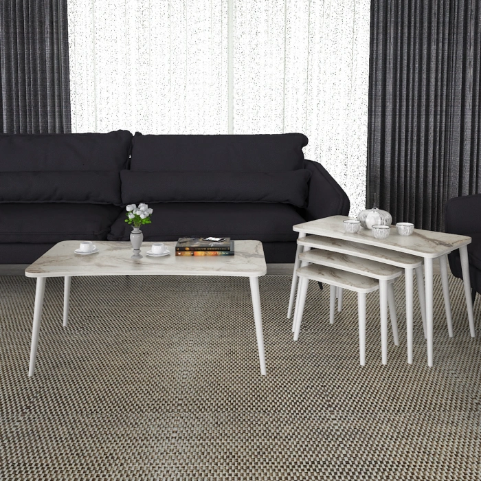 Alanur 5li Orta Sehpa ve Zigon Sehpa Ahşap Ayaklı Çay Kahve Sehpası XL Salon Seti Beyaz Mermer