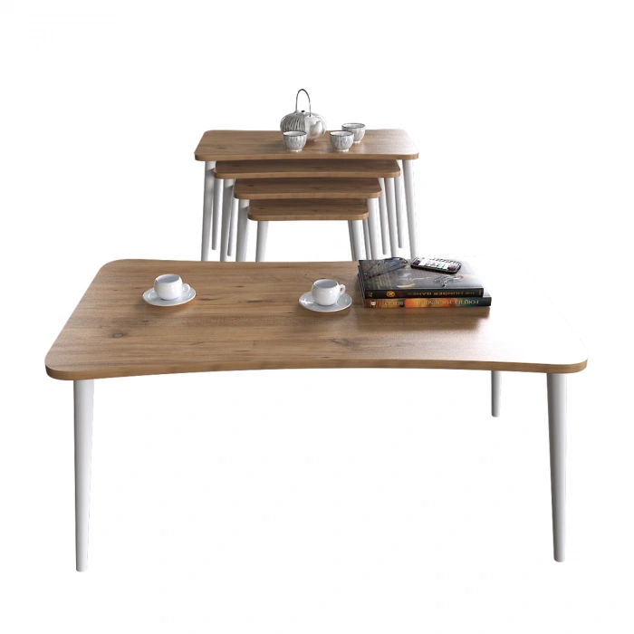 Alanur 5li Orta Sehpa ve Zigon Sehpa Ahşap Ayaklı Çay Kahve Sehpası XL Salon Seti – Çam