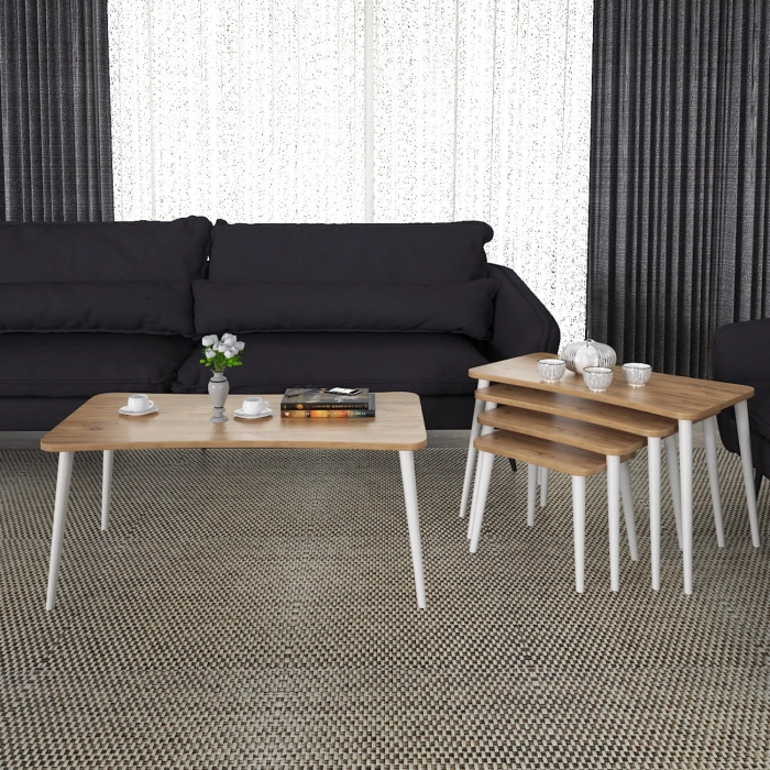 Alanur 5li Orta Sehpa ve Zigon Sehpa Ahşap Ayaklı Çay Kahve Sehpası XL Salon Seti – Çam