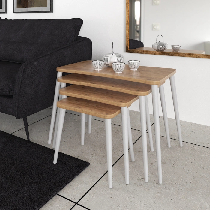 Alanur 5li Orta Sehpa ve Zigon Sehpa Ahşap Ayaklı Çay Kahve Sehpası XL Salon Seti – Çam