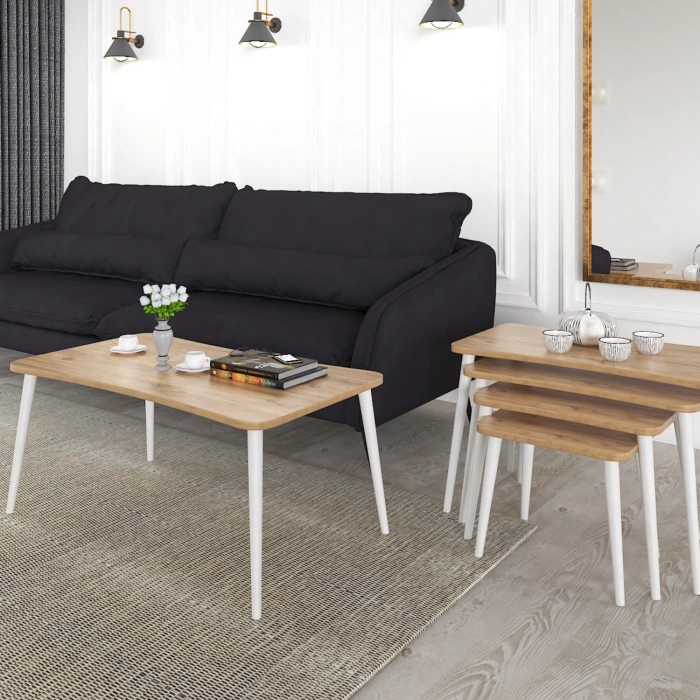 Alanur 5li Orta Sehpa ve Zigon Sehpa Ahşap Ayaklı Çay Kahve Sehpası XL Salon Seti – Çam