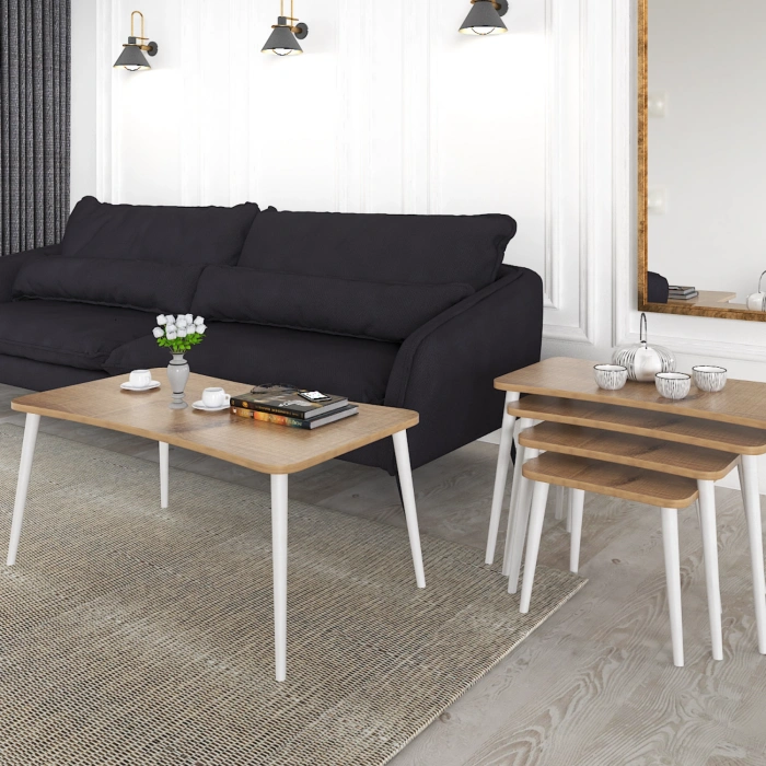 Alanur 5li Orta Sehpa Ve Zigon Sehpa Ahşap Ayaklı Çay Kahve Sehpası Xl Salon Seti – Ceviz