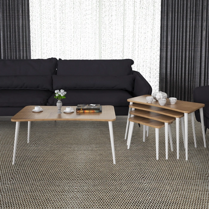 Alanur 5li Orta Sehpa Ve Zigon Sehpa Ahşap Ayaklı Çay Kahve Sehpası Xl Salon Seti – Ceviz