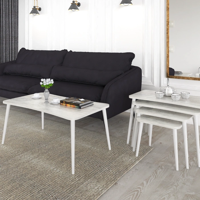 Alanur 5li Orta Sehpa Ve Zigon Sehpa Ahşap Ayaklı Çay Kahve Sehpası Xl Salon Seti – Kristal