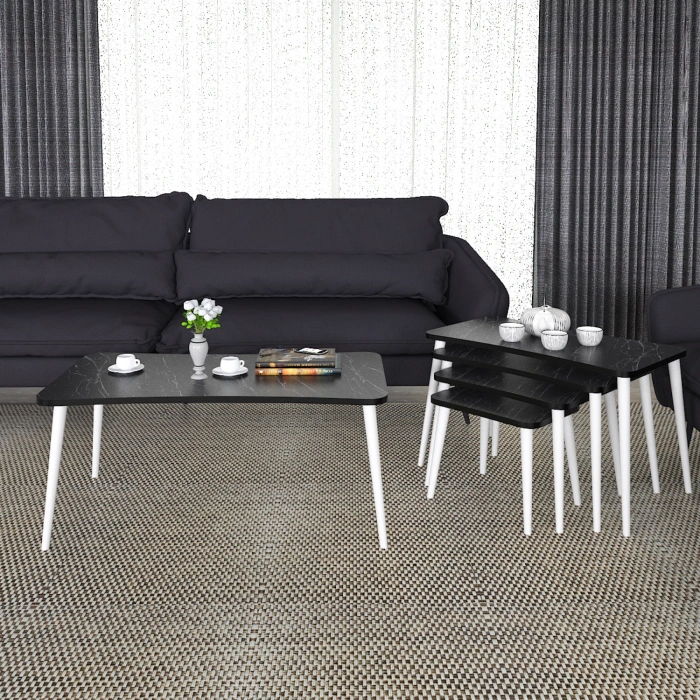 Alanur 5li Orta Sehpa Ve Zigon Sehpa Ahşap Ayaklı Çay Kahve Sehpası Xl Salon Seti – Siyah Mermer