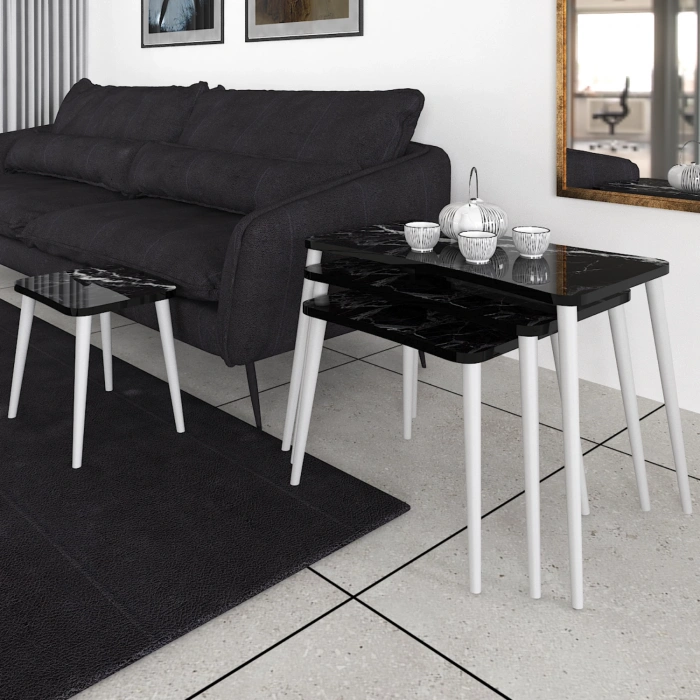 Alanur 5li Orta Sehpa Ve Zigon Sehpa Ahşap Ayaklı Çay Kahve Sehpası Xl Salon Seti – Siyah Mermer