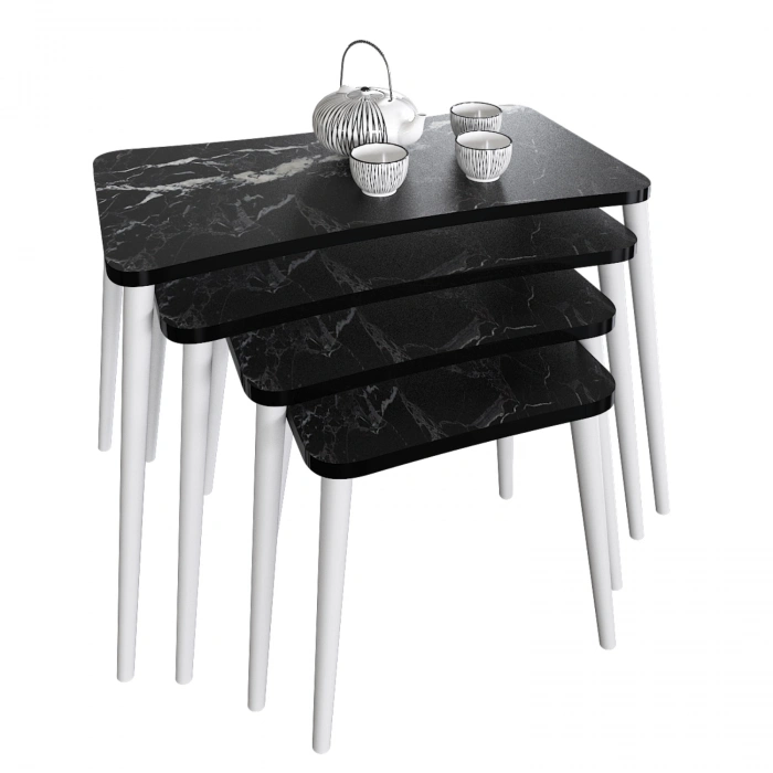Alanur 5li Orta Sehpa Ve Zigon Sehpa Ahşap Ayaklı Çay Kahve Sehpası Xl Salon Seti – Siyah Mermer