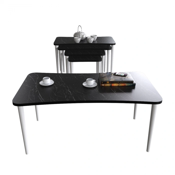 Alanur 5li Orta Sehpa Ve Zigon Sehpa Ahşap Ayaklı Çay Kahve Sehpası Xl Salon Seti – Siyah Mermer