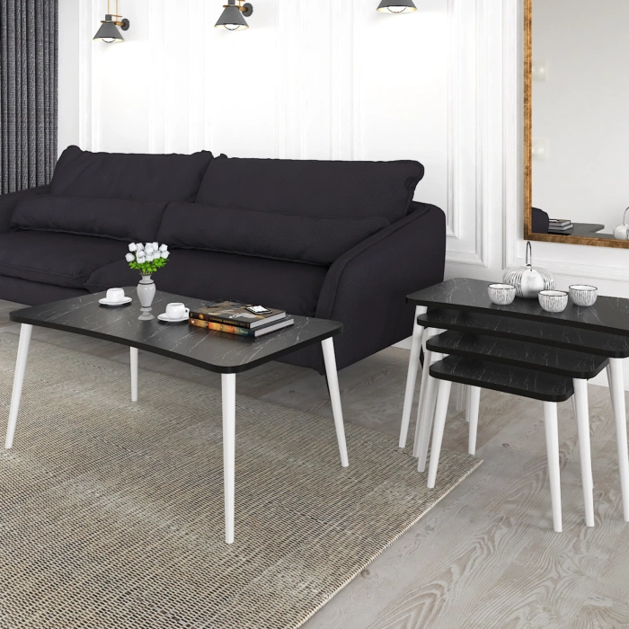 Alanur 5li Orta Sehpa Ve Zigon Sehpa Ahşap Ayaklı Çay Kahve Sehpası Xl Salon Seti – Siyah Mermer