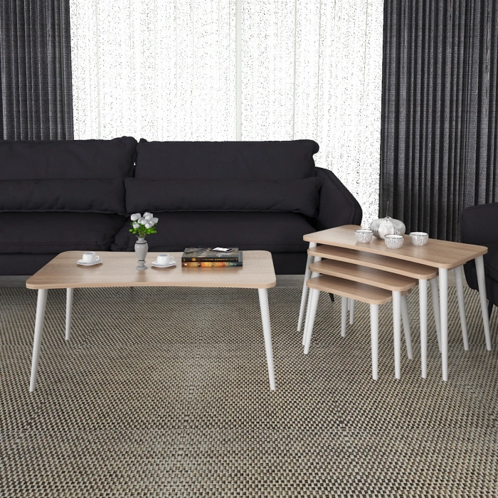 Alanur 5li Orta Sehpa ve Zigon Sehpa Ahşap Ayaklı Çay Kahve Sehpası XL Salon Seti Sonomo